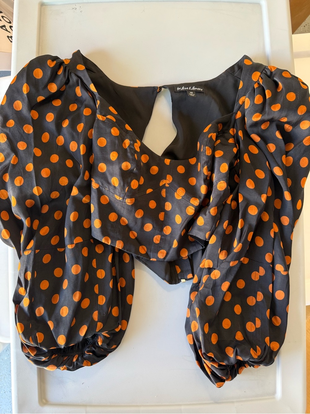 For Love & Lemons Black Top with Orange Polka Dots and Puff Sleeves
